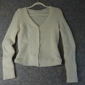 Vintage Y2K Cardigan Cream Wool Knit Shrunken Fuzzy Sweater Mesh Fairy‎ Grunge